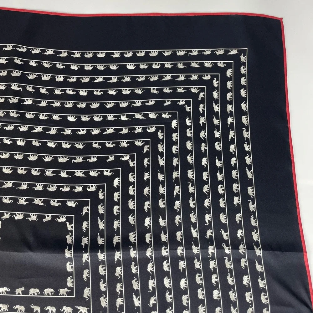 Jim Thompson Silk Scarf Elephant Print Navy Blue Red Border Square Scarf Animal